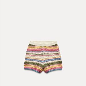 Zara Cream Multicolor Stripe Crochet High-Waist Shorts